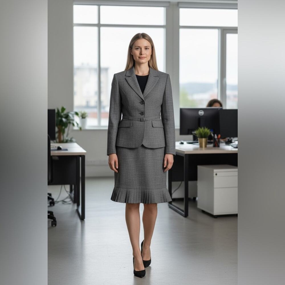 KASPER Pinstriped Gray Blazer Jacket Skirt Suit Set 16P